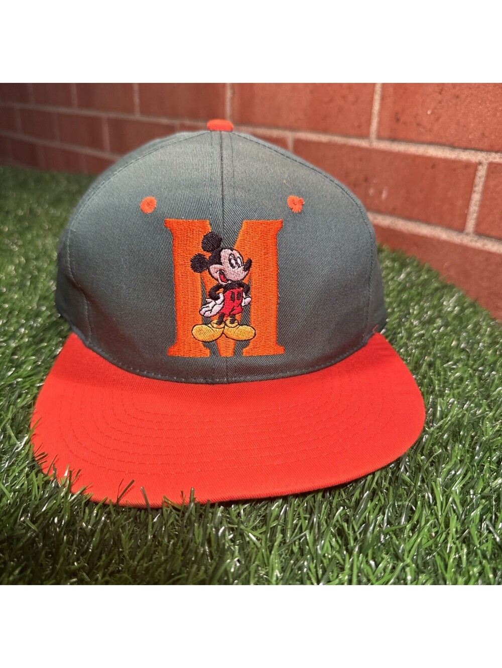 VTG Disney Mickey Mouse Embroidered Logo Snapback Hat Drew Pearson Green Orange